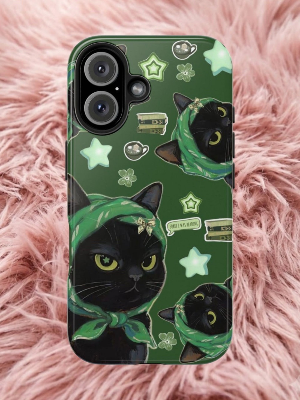 Green Cat Pattern Phone Case - Black Cat Design